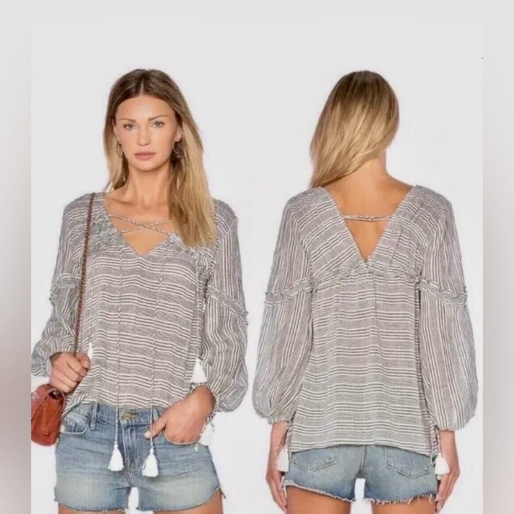 NWT Derek Lam 10 Crosby Tassel Tie Peasant Top in Charcoal, Size 6